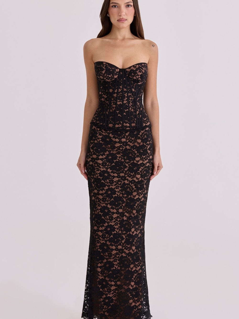 House of CB | SOLAINE Black + Blush Lace Corset Maxi Dress